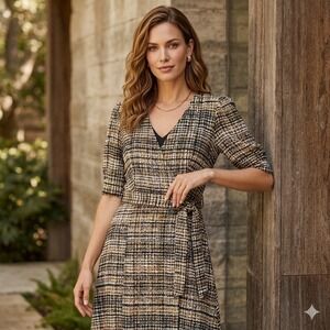 Enfocus Studio Womens Size 4 Faux Wrap Dress Tweed Belted Midi Ruched Career